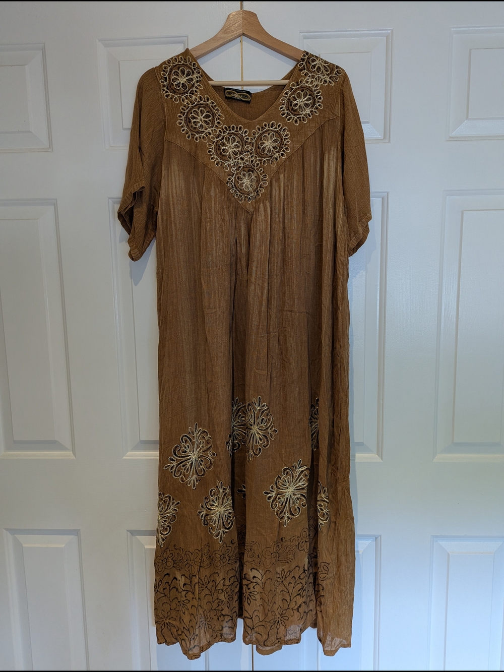 Boho Embroidered Ochre Brown Kaftan Maxi Dress Fairycore Western Festival M/L